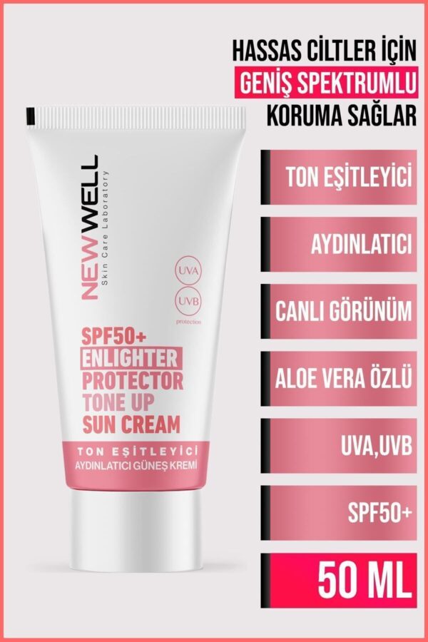 New Well Ton Eşitleyici yüksek Koruma Etkili Spf50+ Aydınlatıcı Pembe Yüz Güneş Kremi 50 Ml