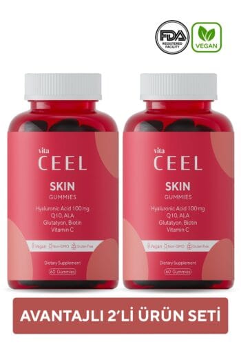 Vita Ceel 2'li Vegan Cilt Vitamini Çiğnenebilir Gummy, Hyaluronic Acid, Vitamin C, Glutatyon, Q10, Ala, Biotin