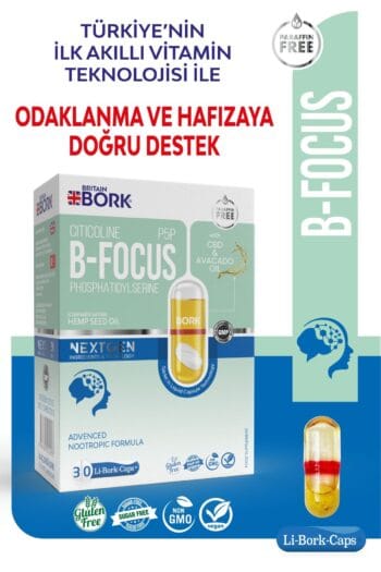 BRITAIN BORK B-FOCUS 30 Likit Kapsül Stikolin İçeren Konsantrasyon ve Dikkat Eksikliği Destekleyici Vitamin