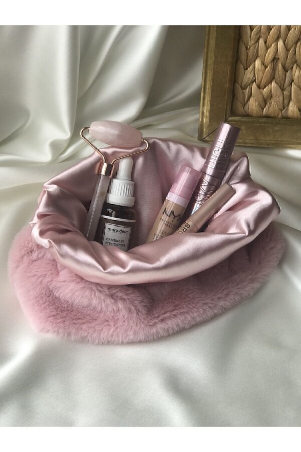 MELSEA Peluş Makyaj Çantası Pudra Pembe Organizer Seyahat Çantası