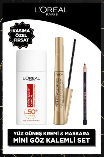 L'Oreal Paris Revitalift Clinical SPF 50+ Yüz Güneş Kremi + Telescopic Gold Mascara + Paradise Mini Liner
