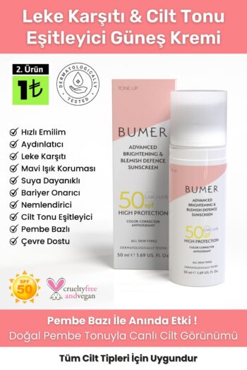 BUMER Yeni Nesil Tone Up Aydınlatıcı Leke Karşıtı Cilt Tonu Eşitleyici SPF 50+ Renkli Güneş Kremi 50 ml