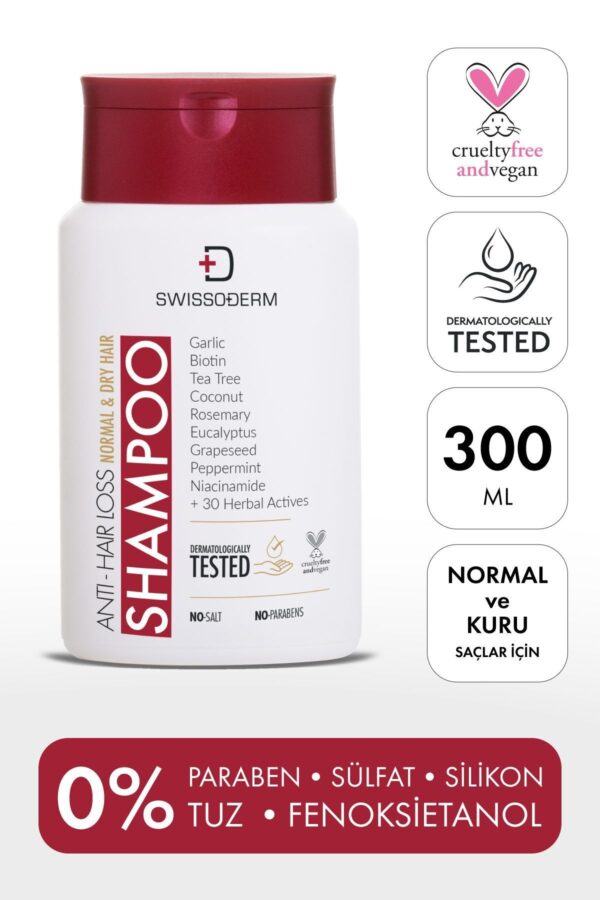 Swissoderm Dökülme Karşıtı Şampuan, Normal & Kuru Saç Hızlı Uzatma Sülfatsız Tuzsuz Saç Dökülmesine Karşı 300ml
