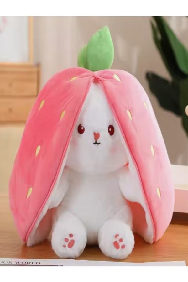 Pufu Toys 35 Cm Pembe Açık Renkli Çilek Tavşan Peluş Oyuncak 2 Yüzlü Yastık