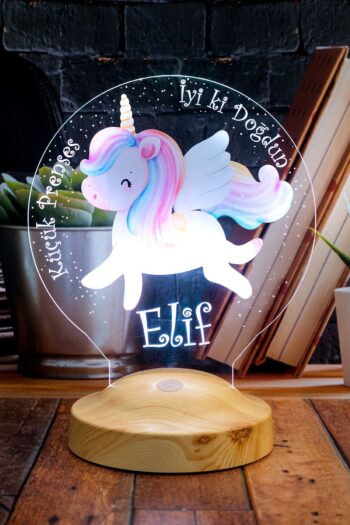 SEVGİLAMBASI Unicorn Renkli Tek Boynuzlu At İsimli Kız Çocuk Odası Hediyesi Led Lamba, Unicorn Doğum Günü Partisi