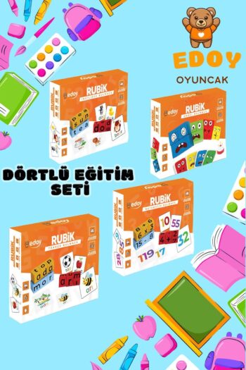 edoy Montessori Eğitici Dörtlü Oyuncak Seti-Rubik Emoji  Türkçe İngilizce ve Matematik Bulmaca Kutu Oyunu