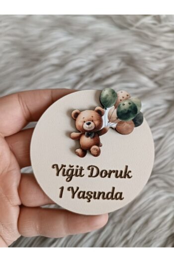 doğrukan Yeşil balonlu tutan kahverengi ayıcık figürlü yenidoğan doğum günü magnet(10 adet)