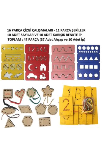 Trendy Toys Eğitici Ahşap Çizgi Çalışmaları,Sayı ve Şekiller Ip Geçirme  El Kası Geliştirme