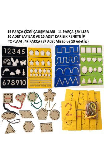 Trendy Toys Eğitici Ahşap Çizgi Çalışmaları,Sayı ve Şekiller Ip Geçirme  El Kası Geliştirme Seti
