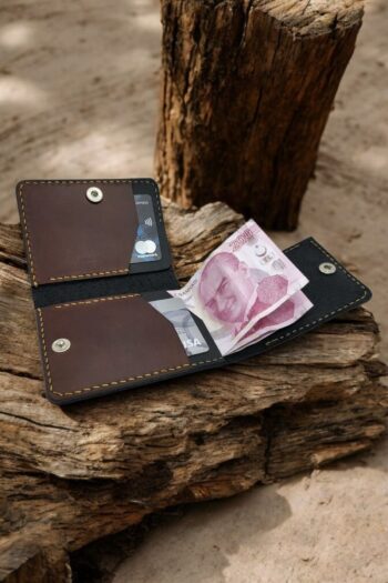Leather Cy Nexus Trifold Siyah Koyu Taba Hakiki Deri Erkek Kadın Cüzdan Isim Yazma Dahil El Yapımı Unisex