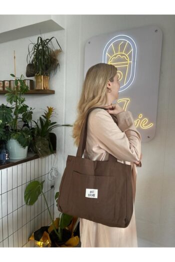 bee store Acı Kahve Astarlı Cepli Günlük Kullanıma Uygun Bez Kumaş Çanta, Kol Ve Omuz Çantası