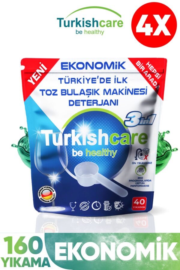 Turkishcare Hepsi Bir Arada Toz Bulaşık Makinesi Tablet Deterjanı 40 Yıkama x 4 Adet