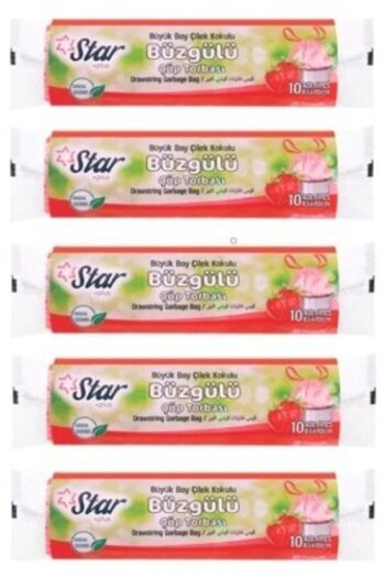 Star Plus Büzgülü Çöp Torbası / Poşeti - Büyük Boy 65x70 - Çilek Kokulu - 5 Rulo = 50' Li