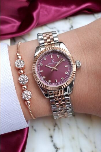 Daniel Klein 27 mm Mini Kasa Bordo Kadranlı Rose Gold/Metalik Şık Kadın Kol Saati, Taşlı Bileklik Hediyeli
