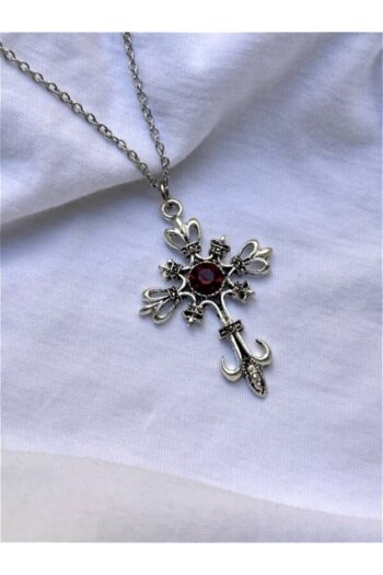 sleyshop Taşlı Gotik Kırmızı Haç Anahtar Gümüş Renk Unisex Kolye