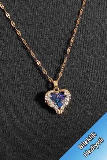TREND COLLECTİON Kadın Paslanmaz Çelik Gold Zirkon Taşlı Mavi Kalp Kolye