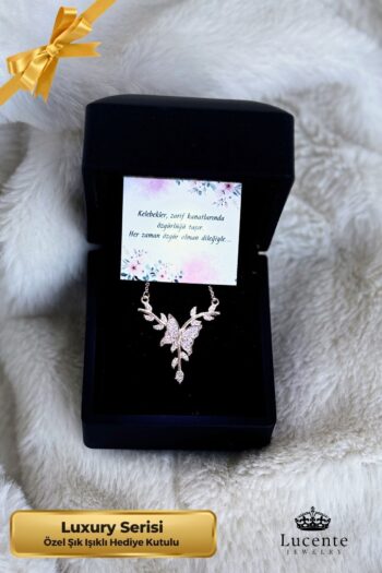 Lucente Jewellery Luxury Serisi Işıklı Hediye Kutulu Daldaki Kelebek Gümüş Kolye 925 Ayar Rose Kaplama Gümüş Kolye