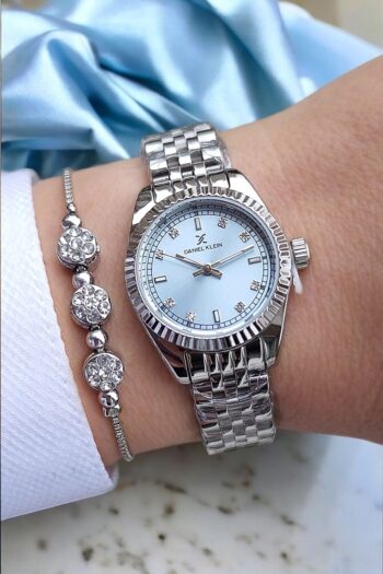 Daniel Klein 27 mm Mini Kasa Açık Mavi Kadranlı Metalik Şık Kadın Kol Saati, Taşlı Bileklik Hediyeli