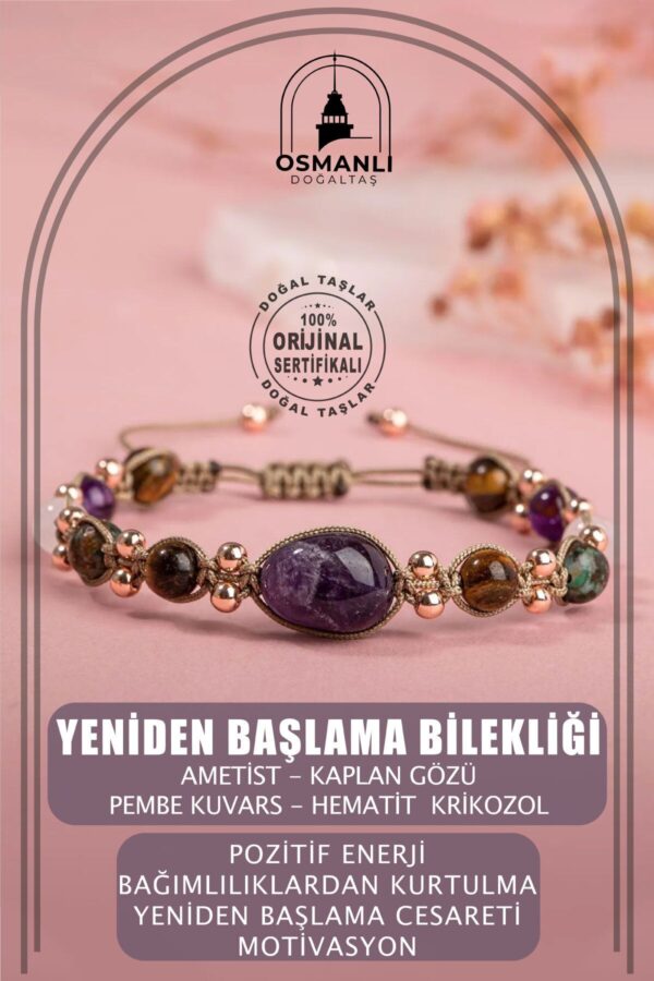 OSMANLI DOĞAL TAŞ Sertifikalı Yeniden Başlama Bilekliği Ametist Kaplan Gözü Krizokol Doğal Taşlı El Işçiliği