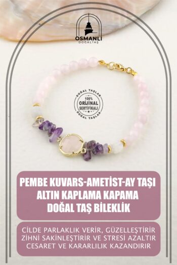 OSMANLI DOĞAL TAŞ Pembe Kuvars-ametist-ay Taşı Altın Kaplama Kapama Doğal Taş Bileklik