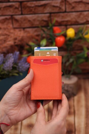 Ozka Leather Collection Suni Deri Mekanizmalı Vegan Deri Kartlık Cüzdan Portföy Turuncu