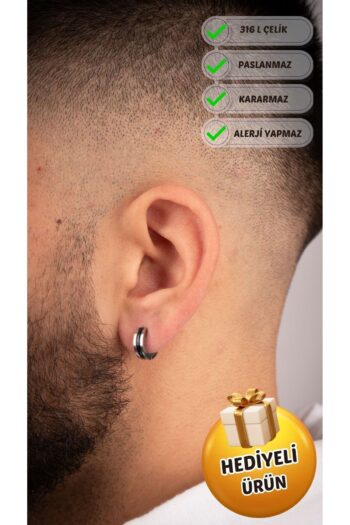 Piercing Market Steel & Silver Erkek Çelik Takı Halka Siyah Mineli Model Küpe Paslanma Kararma Yapmaz