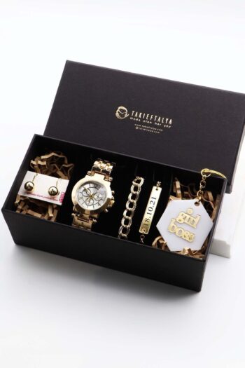 Northwatch Kişiye Özel Gold Kadın Saat, Özel Motto Anahtarlık, Bileklik Ve Küpe Seti