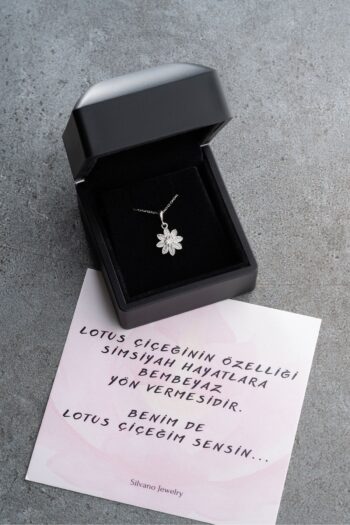 Silvano Jewelry 925 Ayar Gümüş Işıklı Kutu Beyaz Taşlı Lotus Kolye
