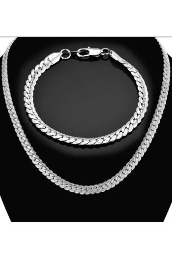 Takı Dükkanı Silver Ezme Yassı Yılan Çelik Unisex Kolye Ve Bileklik Seti Eck36s