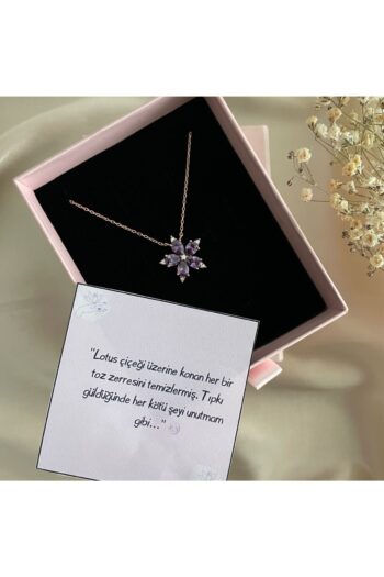 Lovera Jewellery 925 Ayar Gümüş Rose Mor Taşlı Lotus Çiçeği Kolye | Zarif Doğum Günü Hediyesi Takı Mücevher Aksesuar