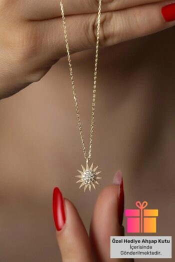 Lucente Jewellery Özel Hediye Kutulu Altın Kaplama Güneş Kolyesi Zirkon Taşlı Güneşli Gümüş Zincirli Kolye