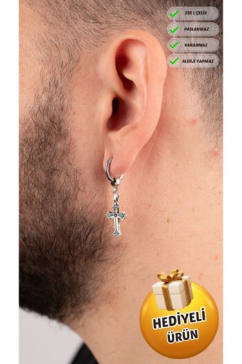 Piercing Market Steel & Silver Erkek Çelik Takı Paslanmaz Kararmaz Özel Tasarım Halka Sallantılı Haç Küpe