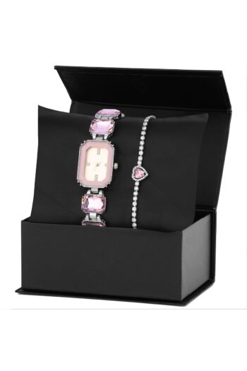 Forentina Pembe Taşlı Gri Metal Kol Saati-Pembe Taşlı Kalpli Bileklik Kombin Set PS3861