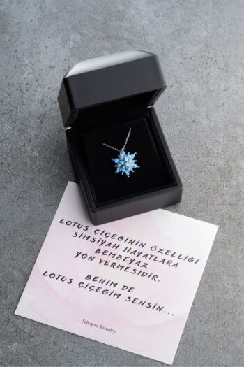 Silvano Jewelry 925 Ayar Gümüş Işıklı Kutu Aqua Taşlı Lotus Kolye