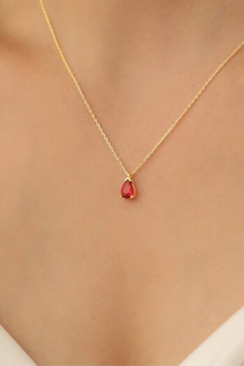 Nox Jewelry 925 Ayar Gümüş Kırmızı Taşlı Damla Kolye Gold-45
