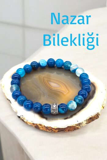 NBS Beautiful Naturel Stones Nazar Bilekliği Mavi Akik Unisex Doğal Taş Bileklik 8 mm