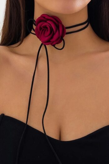 H&E DESIGN Kadın Bordo Saten Gül Choker Kolye
