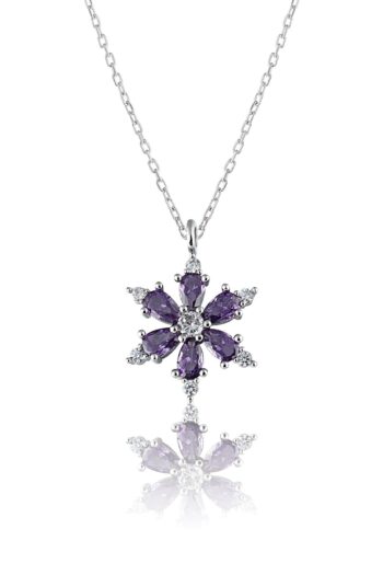 Zanaatsilver 925 Ayar Gümüş Zincirli Ametist Taşlı Rodyum Kaplama Lotus Kamelya Çiçeği Kolye