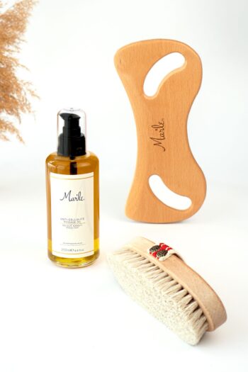 MAR’LE Mar’le Doğal At Kılı Fırçası + Selülit Karşıtı Masaj Yağı 200 Ml + Ahşap Masaj Alet
