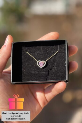 Lucente Jewellery Hediye Kutulu Pembe Taşlı Gümüş Zincirli Kalpli Kolye 925 Ayar Altın Kaplama Kalp Modeli Kolyesi