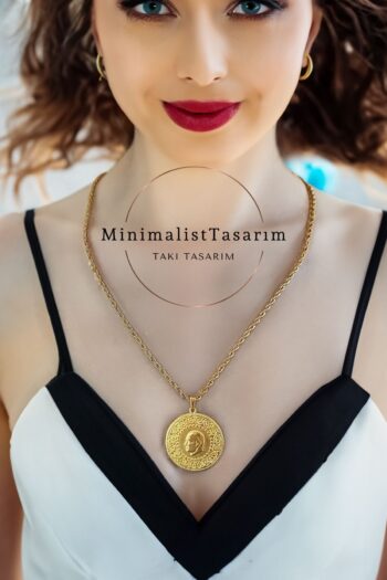 MinimalistTasarım Tam Altın Kolye, Çelik Tam Altın Kolye, Çelik Burgu Zincir Kolye, Çeyrek Altın, Çeyrekli Kolye