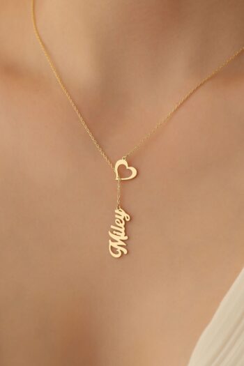 Nox Jewelry 925 Ayar Gümüş Kişiye Özel İsim Yazılı Sallantılı Kalp Kolye Gold
