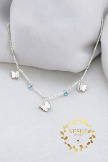 stainles steel Mavi Taş Kelebek Charm Silver Renk Kaplama Çelik Kolye