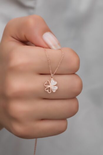NEREZE 925 Ayar Gümüş Rose 4 Kalpli Yonca Kolye