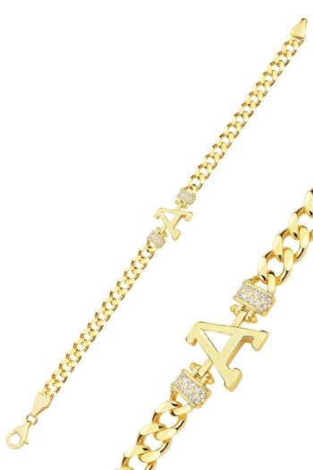 Söğütlü Silver Gümüş Altın Yaldızlı Zirkon Taşlı Üç Boyutlu Gurmet Zincirli A Harf Bileklik Sgtl12300gold-a