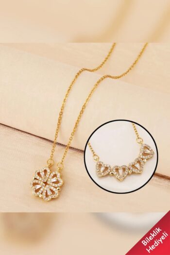 The Collection Zirkon Taşlı Açılır Çoklu Kalpli Kapanır Yonca Mıknatıslı Kararmaz Gold Çelik Kolye