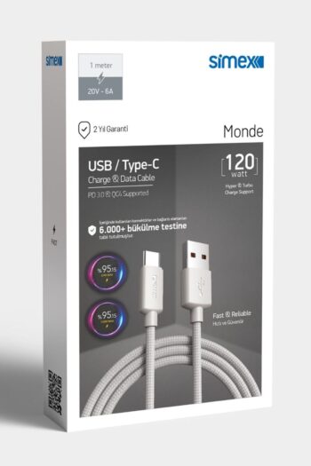 Plus Bilişim USB Type C 120 Watt 6 Amper Saniyeli Şarj Kablosu Xiaomi, Samsung, Android