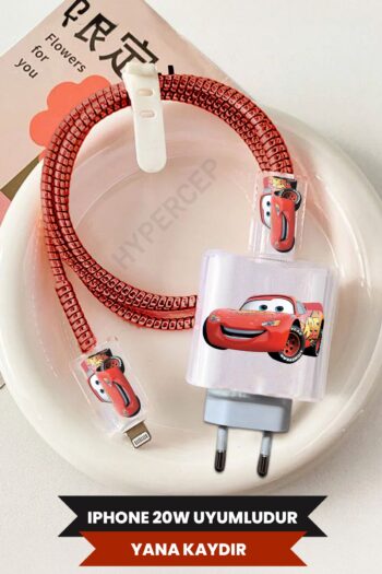 WANNA PROTECT iPhone 20W Uyumlu McQueen Şeffaf Şarj Başlığı Adaptörü Koruma Kablo Koruyucu Kılıfı 5'li Koruma Seti