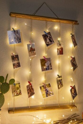 emek hasır Doğal Ahşap Led Işıklı Ipli Mandallı Dikdörtgen Fotoğraf Çerçevesi Fotoğraf Askısı Albümü