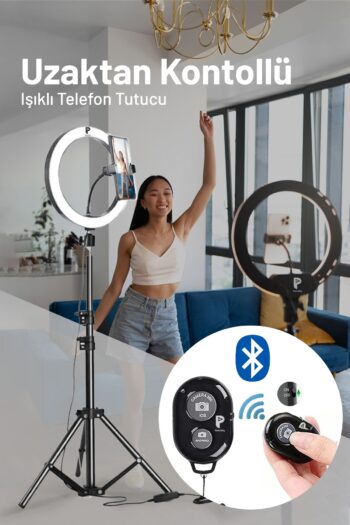 BSTBRANDSHOPPİNGTR Kumandalı Youtuber Tiktok Çekim Işıklı Telefon Tutucu Makyaj Işığı Ring Light 10 Inç + 2.1 M Tripod